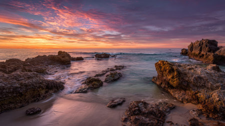 Gorgeous sunset lighting up the sky with shades of orange pink and purple above a rocky coastline. Waves gently lap at the shore as the day ends peacefully.の素材