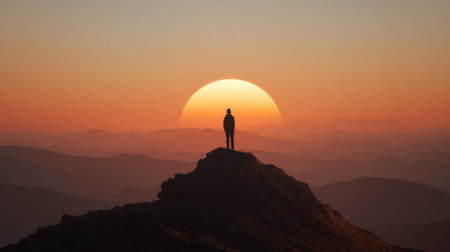 A person stands atop a rocky mountain peak, gazing at a breathtaking sunset. The sky is filled with warm hues of orange and gold, illuminating the surrounding hills and valleys.の素材