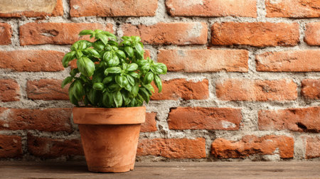 A vibrant green basil plant sits in a terracotta pot on a wooden surface. It is positioned in front of a rustic brick wall, showing its freshness and potential for culinary use.の素材