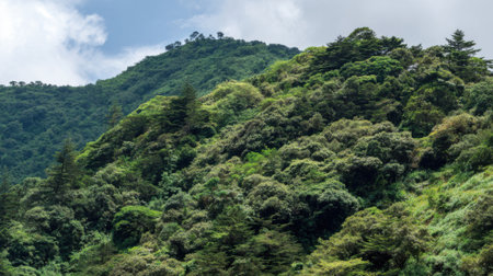 Verdant hills rise steeply, covered in thick foliage and trees, with patches of vibrant greenery reflecting sunlight. Clouds hover above, adding depth to the landscape.の素材