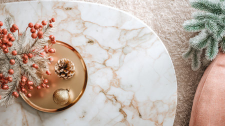 A beautifully decorated marble table displays a festive arrangement with pine cones, ornamental balls, and winter greenery in a cozy setting during the holiday season.の素材