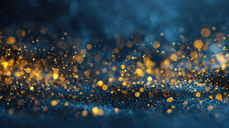 Glittering golden and blue particles fill the air, creating a mesmerizing atmosphere. The background is dark, enhancing the festive feel of the moment, inviting wonder and joy.の素材