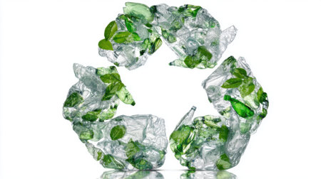 A circular recycling symbol is formed with transparent plastic pieces integrated with green leaves, highlighting environmental awareness and sustainability in modern design.の素材