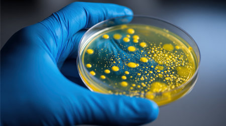 A laboratory technician in blue gloves carefully holds a petri dish containing vibrant yellow bacterial colonies.の素材