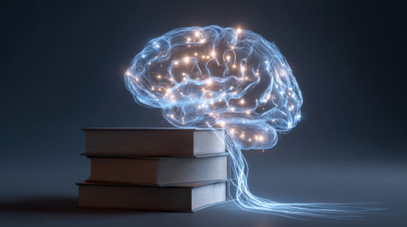A digital representation of a brain with glowing connections floats above a stack of books.の素材