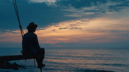 A silhouette of an individual on a swing overlooks a tranquil beach at sunset. The horizon is painted with shades of orange and blue, creating a serene atmosphere.の素材