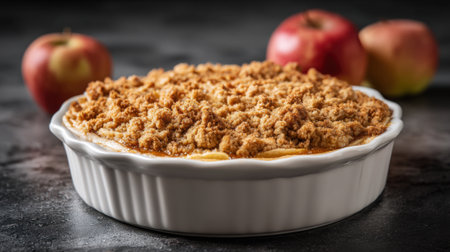 Warm apple crisp sits in a white baking dish, generously topped with a golden crumble, as fresh red apples are placed nearby on a dark surface, creating an inviting atmosphere.の素材