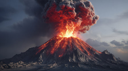 Magnificent eruption of a volcano features flowing lava and billowing ash clouds against a dramatic sunset backdrop. The natural forces create a stunning visual spectacle.の素材