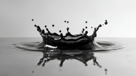 A black splash of water forms a crown shape as it impacts a surface, creating numerous droplets that scatter outward. The monochromatic color scheme enhances the visual impact.の素材