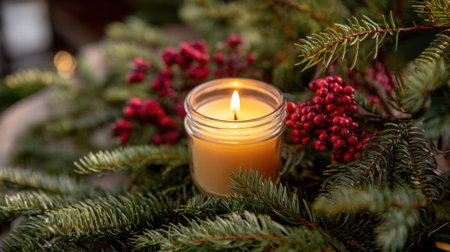 Soft candlelight flickers amidst fresh evergreen branches and vibrant red berries, creating a cozy and inviting atmosphere perfect for holiday celebrations.の素材