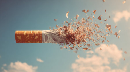 A cigarette bursts into pieces against a bright blue sky filled with fluffy clouds.の素材