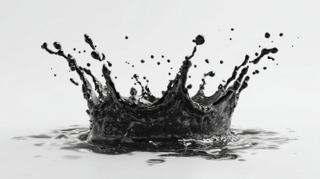 A dramatic splash of dark liquid takes on the shape of a crown, with droplets radiating outward. The shot captures the moment in striking detail against a clean, light backdrop.の素材