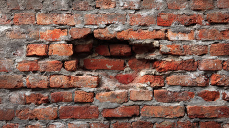 A brick wall with a prominent hole reveals the inner structure, highlighting urban decay and the passage of time in a city environment. The rough texture adds character.の素材