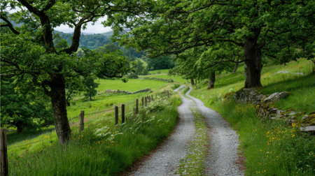 A peaceful gravel path curves through a vibrant rural landscape. Lush trees provide shade along the sides, and rolling hills are visible in the background.の素材