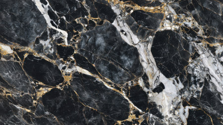A striking dark marble surface displays intricate black and gold veins, highlighting the natural beauty of the stone. This elegant material is ideal for luxurious home surfaces.の素材
