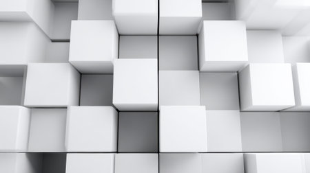 A collection of white geometric cubes is displayed in an organized pattern. The cubes vary in positioning and dimension, emphasizing a modern and clean aesthetic in a minimalist style.の素材