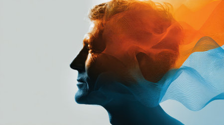 A human profile is depicted with vibrant colors swirling around the head, creating an abstract effect. The colors blend seamlessly, conveying a sense of movement and creativity.の素材