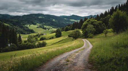 A winding gravel road means through the green hills of the countryside, under a cover of dark clouds, creating a tranquil yet dramatic atmosphere.の素材
