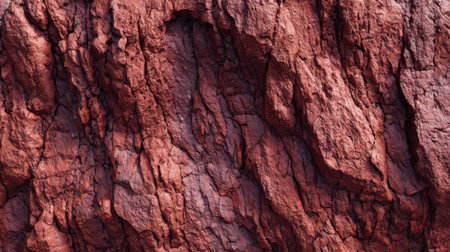 A close-up view reveals a rugged red rock surface with distinct erosion patterns and deep crevices. The natural texture highlights the geological formations found in this area.の素材