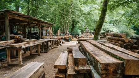 In a forested area, numerous wooden planks and logs are neatly arranged on tables and the ground. The rustic workshop features tools and woodpiles under a canopy of greenery.の素材