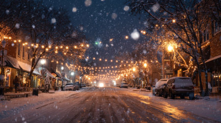 Soft snow blankets the ground on a quiet street, adorned with twinkling lights. Shops line the road, creating a cozy winter atmosphere in the evening.の素材