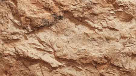 Rugged brown rock displays intricate textures and patterns, showing natural erosion. The surface highlights earthy tones and geological features under bright sunlight.の素材