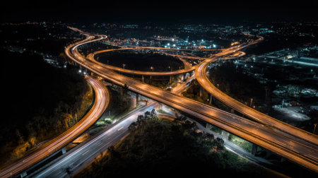Brightly lit highway interchange at night shows flowing traffic. The scene captures the vibrant energy of the city with light trails and surrounding buildings.の素材
