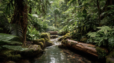 A serene rainforest scene filled with thick greenery and towering trees. A gentle stream flows through the area surrounded by moss-covered logs and lush plants creating a peaceful atmosphere.の素材