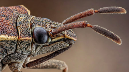 Brightly lit scene features a detailed close-up of an insect highlighting its textured body large eyes and long antennae. The background is softly blurred to emphasize the creature.の素材