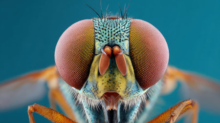 A colorful fly is captured in a detailed close-up highlighting its vibrant eyes and unique features. The background is a smooth shade of blue enhancing the focus on the insect.の素材