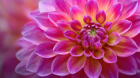 A dahlia flower displays its intricate petals in vivid shades of pink and yellow. The bloom is full and lush capturing the beauty of a serene garden during daylight.の素材