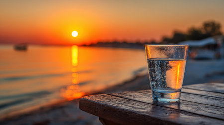 A serene beachside scene shows a clear glass of water resting on a wooden table. The sun sets over the horizon casting beautiful warm colors on the waters surface.の素材