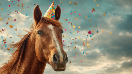 A brown horse wearing a colorful party hat stands proudly. Colorful confetti falls around it creating a festive atmosphere against a cloudy sky.の素材