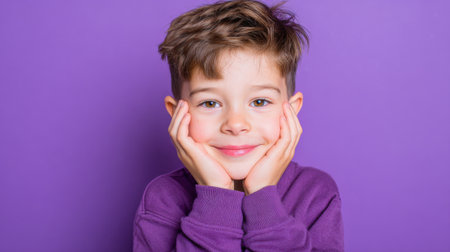 A young boy sits with a bright smile resting his cheeks on his hands. He has light brown hair and bright blue eyes wearing a purple sweater.の素材