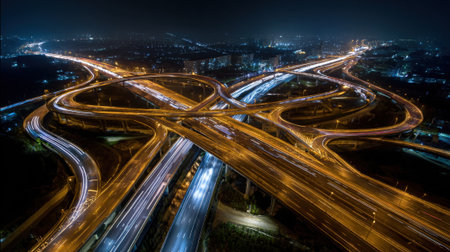 A vibrant highway interchange is illuminated at night showing flowing traffic with bright lights moving through various lanes. Buildings and the city skyline are visible in the background.の素材