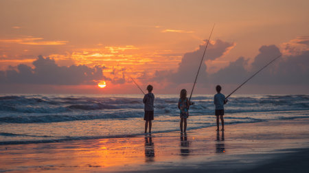 Three children stand on the shore holding fishing rods as they watch the setting sun. The sky is filled with warm colors and orange light reflects on ocean waves.の素材