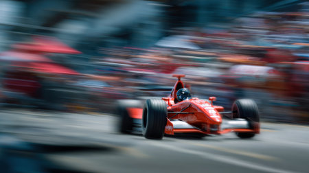 A bright red race car zooms past excited fans at a motorsport festival. The atmosphere is filled with energy as spectators cheer enthusiastically for their favorite drivers.の素材