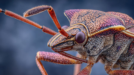 The colorful insect displays intricate textures and vivid patterns. Its compound eyes and unique antennae are highlighted by the soft background capturing natures beauty.の素材