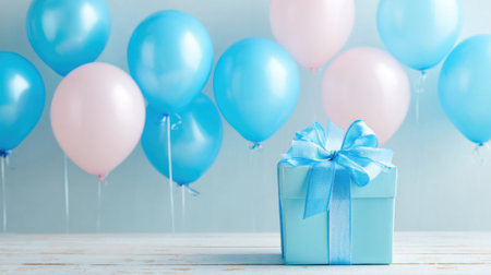 Bright blue and pink balloons are arranged in the background while a neatly wrapped light blue gift box sits in the foreground adding a cheerful touch to the celebration.の素材