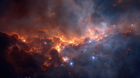 A breathtaking scene of a nebula filled with bright stars and swirling gases. The colorful cosmic clouds illuminate a vast part of outer space creating a mesmerizing spectacle.の素材