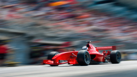 A vibrant red race car speeds along the track showing its power and speed. The cheering crowd captures the energy of the motorsports event on a sunny day.の素材