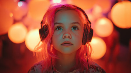A child with pink hair and headphones gazes at a mesmerizing display of glowing balloons at a lively festival during the evening filled with excitement and lights.の素材