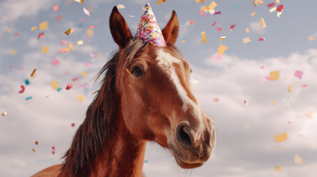A horse wears a festive party hat while colorful confetti falls around it. Bright sunlight enhances the cheerful atmosphere of the outdoor celebration in the background.の素材