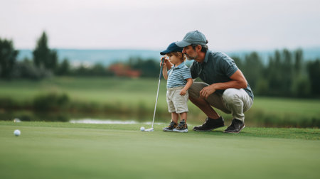A father is kneeling beside his young son on a golf course guiding him as the child prepares to putt. The sky is clear and the surroundings are lush and green creating a peaceful scene.の素材