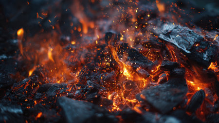 Bright orange and red flames flicker among glowing embers and charcoal pieces creating a warm atmosphere at a campfire location under a dark sky at night.の素材