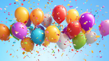 Bright balloons in various colors float against a blue sky while colorful confetti falls capturing the joy of a festive celebration taking place outdoors.の素材