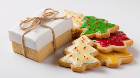 Brightly decorated Christmas tree cookies in red green and yellow lay beside a neatly wrapped gift box. Perfect for festive celebrations and holiday gatherings.の素材