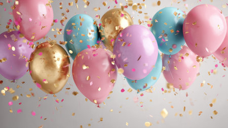 Bright balloons in various colors such as pink blue and gold create a lively decoration. Confetti fills the air enhancing the festive mood. This scene captures the essence of a joyful celebration.の素材