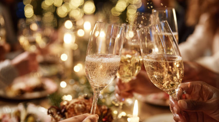 Guests enjoy a joyful celebration, raising glasses filled with sparkling drinks during a cozy dinner party. The atmosphere is warm with soft lights and delicious food.の素材