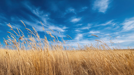 A vast field of golden grass sways gently in the wind under a bright blue sky filled with wispy clouds. The scene captures the beauty of nature during a sunny day.の素材